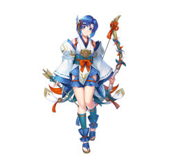 Rule 34 | 1girl, absurdres, arrow (projectile), bare shoulders, blue eyes, blue hair, blush, bow, bow (weapon), bowtie, catria (fire emblem), catria (winds offered) (fire emblem), chachie, circle, closed mouth, commentary request, detached sleeves, fire emblem, fire emblem: mystery of the emblem, fire emblem heroes, full body, hair ornament, head tilt, highres, holding, holding weapon, japanese clothes, looking at viewer, nintendo, obi, official art, sandals, sash, short hair, simple background, sleeves past wrists, smile, solo, standing, toeless footwear, toeless legwear, toes, weapon, white background, wide sleeves