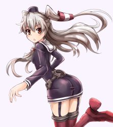 Rule 34 | 10s, 1girl, amatsukaze (kancolle), ass, blonde hair, dress, garter straps, hair tubes, hat, kantai collection, long hair, long sleeves, looking at viewer, looking back, open mouth, red eyes, red thighhighs, sailor dress, short dress, silver hair, solo, sumapan, thighhighs, very long hair, zettai ryouiki