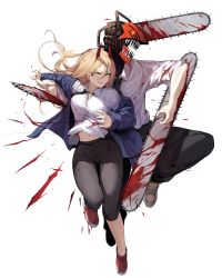 Rule 34 | 1boy, 1girl, black necktie, black pants, blonde hair, blood, blood on clothes, blue jacket, breasts, chainsaw, chainsaw man, collared shirt, ddangbi, demon girl, demon horns, denji (chainsaw man), facing viewer, floating hair, full body, grin, hemokinesis, highres, horns, jacket, looking to the side, medium breasts, navel, necktie, pants, power (chainsaw man), red horns, sharp teeth, shirt, shoes, simple background, smile, sneakers, teeth, thighs, upshirt, white background, white shirt, wide hips, yellow eyes