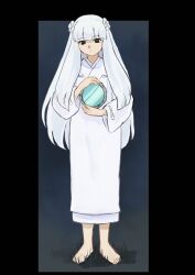 Rule 34 | 1girl, barefoot, black eyes, blunt bangs, closed mouth, flower, full body, hair flower, hair ornament, highres, holding, holding mirror, inuyasha, japanese clothes, kanna (inuyasha), kimono, long hair, long sleeves, looking at viewer, mirror, solo, standing, white flower, white hair, white kimono, wide sleeves, zuchi wan