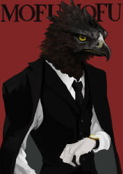 Rule 34 | 1boy, absurdres, beak, bird boy, black fur, black jacket, black necktie, black sclera, black vest, body fur, buttons, closed mouth, collared shirt, colored sclera, feathers, furry, furry male, hand up, highres, jacket, jacket on shoulders, long sleeves, male focus, mayumochini, necktie, open clothes, open jacket, original, red background, romaji text, shirt, simple background, solo, standing, two-tone fur, vest, watch, white fur, white shirt, wristwatch, yellow eyes