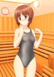 Rule 34 | 1girl, absurdres, asics, bench, black one-piece swimsuit, breasts, brown eyes, brown hair, bucket, commentary request, competition swimsuit, cowboy shot, girls und panzer, gluteal fold, grey one-piece swimsuit, highres, indoors, logo, looking to the side, nishizumi miho, one-piece swimsuit, parted lips, sauna, short hair, small breasts, solo, standing, swimsuit, takafumi, wooden bucket, wooden floor, wooden wall