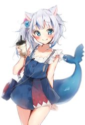 Rule 34 | 1girl, :p, animal ears, bag, blue dress, blue eyes, blue hair, blush, bubble tea, cat ears, closed mouth, collarbone, commentary, cube hair ornament, cup, disposable cup, dress, drinking straw, fins, fish tail, gawr gura, gawr gura (casual), grey hair, hair ornament, hand up, highres, holding, holding cup, hololive, hololive english, multicolored hair, official alternate costume, seboneko, shark tail, shirt, shoulder bag, side ponytail, simple background, sleeveless, sleeveless dress, smile, solo, streaked hair, tail, tongue, tongue out, virtual youtuber, white background, white shirt