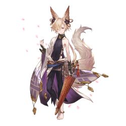 Rule 34 | 1boy, animal ears, anklet, bare shoulders, barefoot, belt, blonde hair, cherry blossoms, collar, erune, flower, fox ears, fox tail, gloves, granblue fantasy, hair flower, hair ornament, hair over one eye, jewelry, kou (granblue fantasy), long hair, looking at viewer, male focus, minaba hideo, off shoulder, official art, simple background, smile, solo, tail, transparent background, white background, yellow eyes