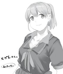 Rule 34 | 1girl, absurdres, aima imoko0327, breasts, collarbone, commentary request, greyscale, highres, intrepid (kancolle), kantai collection, large breasts, looking at viewer, monochrome, neckerchief, ponytail, short hair, smile, solo, translation request, upper body