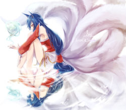 Rule 34 | 1girl, ahri (league of legends), animal ears, blue hair, detached sleeves, dress, fox ears, fox tail, frown, kakip, korean clothes, league of legends, long hair, long sleeves, low-tied long hair, multiple tails, reflection, sitting, solo, tail, very long hair, water, yellow eyes