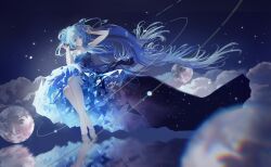 Rule 34 | 1girl, absurdly long hair, absurdres, armpits, bare legs, bare shoulders, barefoot, blue dress, blue eyes, blue hair, blue theme, blurry, breasts, closed mouth, cloud, collarbone, commentary, dress, floating hair, full body, hair between eyes, hands up, hatsune miku, highres, long hair, looking to the side, medium breasts, moon, night, night sky, outdoors, reflection, sidelocks, sitting, sky, sleeveless, sleeveless dress, smile, solo, star (sky), strapless, strapless dress, tensen men, twintails, very long hair, vocaloid, water