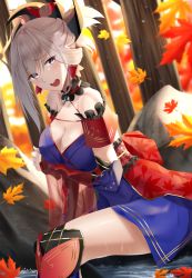 Rule 34 | 1girl, bare shoulders, blonde hair, breasts, choker, cleavage, collarbone, detached sleeves, embarrassed, fate/grand order, fate (series), hair ornament, highres, large breasts, leaf, leaning forward, looking at viewer, miyamoto musashi (fate), miyamoto musashi (second ascension) (fate), nicky w, open mouth, outdoors, partially submerged, purple eyes, solo, wet