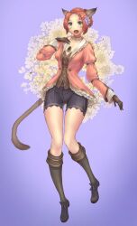 Rule 34 | 1girl, absurdres, animal ear fluff, animal ears, adventurer (ff11), black footwear, black gloves, breasts, brown shirt, brown tail, cactus41747280, cat ears, cat girl, cat tail, choker, collarbone, fang, final fantasy, final fantasy xi, flower, full body, gloves, green eyes, grey socks, hair flower, hair ornament, highres, jacket, jewelry, kneehighs, long sleeves, looking at viewer, medium breasts, mithra (ff11), multiple rings, no eyebrows, open mouth, pink choker, pink jacket, purple background, purple flower, purple shorts, red hair, ring, shirt, shoes, short hair, shorts, socks, solo, tail