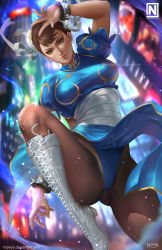 Rule 34 | 1girl, arm up, blue dress, blurry, blurry background, boots, bracelet, brown eyes, brown hair, brown pantyhose, bun cover, capcom, china dress, chinese clothes, chun-li, city, closed mouth, commentary, cross-laced footwear, double bun, dress, earrings, english commentary, fighting stance, hair bun, highres, jewelry, knee up, leg up, nopeys, outdoors, pantyhose, pelvic curtain, puffy short sleeves, puffy sleeves, sash, short sleeves, side slit, spiked bracelet, spikes, street fighter, white footwear