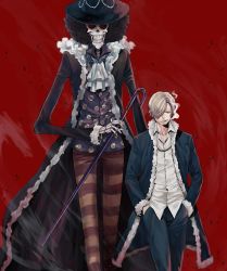 Rule 34 | 2boys, age difference, black dress, blonde hair, brook (one piece), dress, highres, long dress, multiple boys, one piece, sanji (one piece), skeleton, smile, smookie, weapon