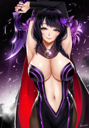 Rule 34 | 1girl, armpits, arms up, artist name, black hair, black pantyhose, breasts, center opening, cleavage, cloak, detached sleeves, dress, easonx, elsa granhilte, female focus, flower, hair flower, hair ornament, highres, holding, holding knife, holding weapon, knife, large breasts, long hair, looking at viewer, mole, mole under eye, multicolored cloak, navel, pantyhose, purple eyes, re:zero kara hajimeru isekai seikatsu, red lining, revealing clothes, smile, solo, strapless, strapless dress, swept bangs, two-sided cloak, two-sided fabric, weapon