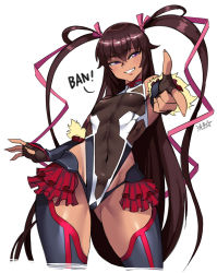 Rule 34 | 1girl, bow, breasts, brown hair, commentary request, covered navel, cowboy shot, curvy, dark skin, elbow gloves, english text, finger gun, fingerless gloves, frilled leotard, frills, gloves, hair between eyes, hair bow, hair ribbon, highleg, highleg leotard, highres, impossible clothes, impossible leotard, index finger raised, leotard, long hair, looking at viewer, mixed-language commentary, mizuki yukikaze, one-piece tan, pointing, pointing at viewer, revealing clothes, ribbon, ryuusei (mark ii), shiny skin, signature, small breasts, smile, solo, taimanin (series), taimanin suit, taimanin yukikaze, tan, tanline, thighhighs, thong leotard, twintails, very long hair, white background