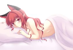 Rule 34 | 1girl, alternate hairstyle, animal ears, blush, cat ears, artistic error, extra ears, hair down, isaki (gomi), kaenbyou rin, long hair, looking at viewer, navel, nude, on bed, pillow, pointy ears, pov across bed, red eyes, red hair, revision, smile, solo, touhou, under covers