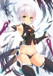 Rule 34 | 1girl, :o, arm belt, armpits, bag, bandaged arm, bandages, bare shoulders, black gloves, black panties, black thighhighs, black vest, blush, breasts, buckle, cameltoe, chestnut mouth, cleavage cutout, clothing cutout, commentary request, cowboy shot, dagger, elbow gloves, fate/grand order, fate (series), fingerless gloves, gloves, green eyes, hair between eyes, highres, holster, jack the ripper (fate/apocrypha), knife, looking at viewer, navel, no pants, open mouth, panties, scar, scar across eye, scar on face, shiny clothes, silver hair, simple background, single elbow glove, sleeveless, small breasts, solo, standing, stomach, sunsuke, tattoo, thighhighs, torn clothes, underbust, underwear, unsheathed, vest, weapon, white background