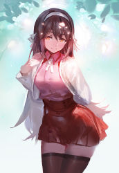Rule 34 | 10s, 1girl, adapted costume, brown eyes, brown hair, brown thighhighs, casual, cowboy shot, gradient background, hairband, haruna (kancolle), jacket, kantai collection, kishiyo, long hair, long sleeves, looking at viewer, open clothes, open jacket, revision, shirt, skirt, smile, solo, thighhighs, very long hair, zettai ryouiki