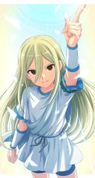 Rule 34 | 1girl, absurdres, bike shorts, blonde hair, blue shorts, brown eyes, clenched hand, copyright request, cowboy shot, dress, hand up, highres, index finger raised, long hair, looking at viewer, male focus, ribbon, sekina, short sleeves, shorts, smile, solo, white dress, wristband