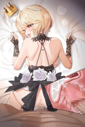 Rule 34 | 1boy, 1girl, ahegao, anus, ass, bare shoulders, bed sheet, black bow, black ribbon, blonde hair, blush, bow, breasts, censored, clothed female nude male, commission, cross-section, crown, unworn crown, cum, cum in pussy, dark-skinned male, dark skin, doggystyle, ejaculation, flower, foot out of frame, frilled ribbon, frills, from above, hair between eyes, heart, heart-shaped pupils, hetero, highres, internal cumshot, lace trim, looking at viewer, looking back, lying, mole, mole under eye, mosaic censoring, no bra, no panties, nude, on bed, on stomach, open mouth, orgasm, original, out of frame, penis, red eyes, ribbon, saliva, saliva trail, sex, sex from behind, sheet grab, short hair, skirt, unworn skirt, small breasts, solo focus, sweatdrop, symbol-shaped pupils, twin (tt lsh), white flower