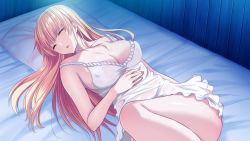 Rule 34 | 1girl, bare arms, bare legs, bare shoulders, bed, blonde hair, blush, breasts, cleavage, collarbone, covered erect nipples, closed eyes, game cg, indoors, janne la pucelle, large breasts, legs, long hair, lying, on bed, on side, parted lips, pillow, puffy nipples, sagara riri, sleeping, solo, sweat, thighs, tokeidai no jeanne: jeanne &agrave; la tour d&#039;horloge, wet, wet clothes