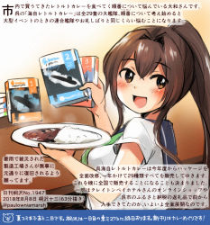 Rule 34 | 1girl, :d, alternate costume, black sailor collar, blush, book, brown eyes, brown hair, colored pencil (medium), commentary request, curry, curry rice, dated, food, hair between eyes, holding, holding book, holding plate, kantai collection, kirisawa juuzou, long hair, numbered, open mouth, plate, ponytail, rice, sailor collar, school uniform, serafuku, short sleeves, smile, solo, traditional media, translation request, twitter username, very long hair, yamato (kancolle)