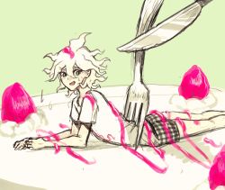 Rule 34 | 1boy, :d, blush, danganronpa (series), danganronpa 2: goodbye despair, feet out of frame, food, fork, from side, fruit, hair between eyes, highres, impaled, knife, komaeda nagito, lying, messy hair, mini person, miniboy, on stomach, open mouth, plaid male underwear, shirt, short sleeves, smile, solo, strawberry, sweat, teeth, upper teeth only, yandr4hope
