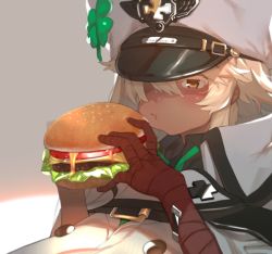Rule 34 | 1girl, absurdres, blonde hair, blush, breasts, burger, cheese, collagen, dark-skinned female, dark skin, eating, food, guilty gear, guilty gear strive, hair over one eye, hand wraps, hat, hat pin, highres, jacket, large breasts, lettuce, military hat, ramlethal valentine, solo, tomato, upper body, yellow eyes