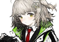 Rule 34 | 1girl, absurdres, arknights, camera, collared shirt, commentary, green jacket, grey hair, hair ornament, highres, holding, holding camera, hood, hooded jacket, jacket, looking at viewer, necktie, one side up, parted lips, red necktie, scene (arknights), shirt, short hair, simple background, solo, star (symbol), star hair ornament, upper body, white background, white jacket, white shirt, yamori no o, yellow eyes