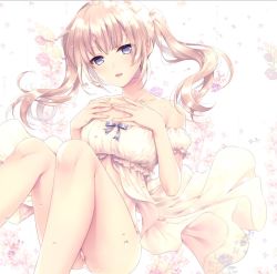 Rule 34 | 1girl, alpha (yukai na nakamatachi), babydoll, blonde hair, bow, collarbone, floating hair, floral background, hands on own chest, long hair, open mouth, original, panties, purple eyes, solo, twintails, underwear, white babydoll
