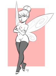 Rule 34 | 1girl, absurdres, breasts, commentary, crossed arms, fairy wings, female pubic hair, frown, full body, greyscale, hair bun, highres, iseenudepeople, medium breasts, monochrome, nail polish, navel, nipples, nude, peter pan (disney), pointy ears, pubic hair, pussy, raised eyebrow, signature, single hair bun, solo, spot color, thighhighs, tinker bell (disney), toeless legwear, toenail polish, toenails, wings