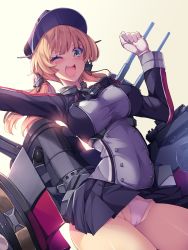 Rule 34 | 1girl, anchor hair ornament, aqua eyes, black skirt, blonde hair, cameltoe, cannon, commentary request, cowboy shot, cross, fang, gloves, gradient background, hair ornament, hat, highres, impossible clothes, iron cross, kantai collection, looking at viewer, low twintails, machinery, microskirt, military, military hat, military uniform, one eye closed, open mouth, panties, peaked cap, pink panties, pleated skirt, prinz eugen, prinz eugen (kancolle), simple background, skirt, solo, torisan, twintails, underwear, uniform, white background, white gloves, yellow background