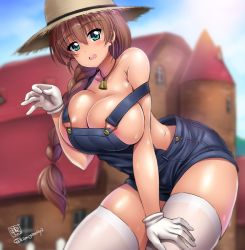 Rule 34 | 1girl, :d, aqua eyes, bell, blue overalls, blush, braid, breasts, brown hair, cleavage, cowbell, dated, gloves, hair between eyes, hand on own thigh, hat, kamogawa tanuki, large breasts, leaning forward, long hair, looking at viewer, naked overalls, open mouth, original, overall shorts, overalls, shiny skin, sideboob, signature, single braid, skindentation, smile, solo, strap slip, straw hat, thighhighs, twitter username, white gloves, white thighhighs