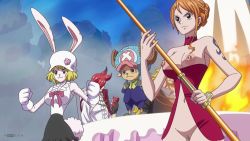 Rule 34 | 2girls, 3boys, animal ears, antlers, black skirt, blonde hair, breasts, breasts out, can, carrot (one piece), choker, cleft of venus, cowboy shot, creature, dress, drink can, fire, functionally nude, gloves, hat, highres, horns, large breasts, multiple boys, multiple girls, nami (one piece), no bra, no panties, nude filter, one piece, orange hair, outdoors, r34son, rabbit ears, red choker, red dress, red hair, shirt, short dress, short hair, skirt, sleeveless, sleeveless shirt, soda can, tattoo, third-party edit, tony tony chopper, uncensored, vinsmoke ichiji, vinsmoke judge, white gloves, white headwear