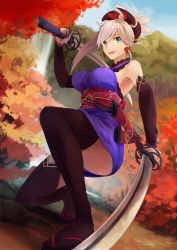 Rule 34 | 1girl, blue eyes, breasts, dual wielding, fate/grand order, fate (series), folded ponytail, foreshortening, highres, holding, hsin, japanese clothes, katana, kimono, leaf, legs, maple leaf, medium breasts, miyamoto musashi (fate), miyamoto musashi (first ascension) (fate), obi, sash, solo, sword, thighhighs, thighs, weapon, zettai ryouiki