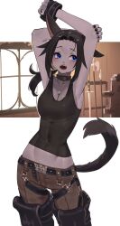 Rule 34 | 1girl, absurdres, animal ears, arms up, belt, black hair, blue eyes, cat ears, cat girl, cat tail, choker, collarbone, colored skin, commentary, covered navel, english commentary, final fantasy, final fantasy xiv, fingerless gloves, gloves, grey skin, highres, low ponytail, medium hair, midd night, miqo&#039;te, nail polish, open mouth, pants, solo, sweat, tail, tank top, tostantan, warrior of light (ff14)
