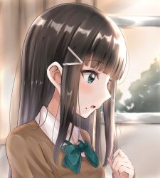 Rule 34 | 1girl, black hair, blue eyes, blunt bangs, blush, bow, bowtie, brown sweater, clenched hand, collared shirt, curtains, green bow, green bowtie, hair ornament, hairclip, hand up, highres, kurosawa dia, long hair, love live!, love live! sunshine!!, mole, mole under mouth, open mouth, shirt, sidelocks, sin (sin52y), solo, sweater, upper body, window