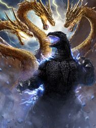Rule 34 | absurdres, akito1218, alien, atomic breath, blue electricity, claws, conjoined, debris, dinosaur, dragon, ears, electricity, energy, forked tongue, giant, giant monster, glowing, glowing eyes, glowing mouth, glowing spikes, godzilla, godzilla (series), godzilla vs. king ghidorah, highres, horns, hydra, kaijuu, king ghidorah, lightning, monster, multiple heads, no humans, open mouth, overcast, red eyes, rubble, sea monster, sharp teeth, sky, slit pupils, spikes, storm, tail, teeth, toho, tongue, tongue out, wings, yellow electricity