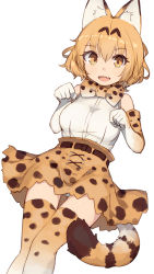 Rule 34 | 10s, 1girl, :d, animal ear fluff, animal ears, bare shoulders, blonde hair, bow, bowtie, elbow gloves, fang, gloves, hair between eyes, high-waist skirt, highres, kemono friends, looking at viewer, open mouth, panties, pantyshot, paw pose, print bow, print bowtie, print gloves, print neckwear, print skirt, print thighhighs, serval (kemono friends), serval print, serval tail, shirt, shone, short hair, simple background, skirt, sleeveless, sleeveless shirt, smile, solo, striped tail, tail, thighhighs, underwear, white background, white panties, white shirt, yellow eyes