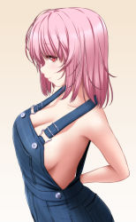Rule 34 | 1girl, alternate costume, antenna hair, arm behind back, blush, breasts, cleavage, closed mouth, collarbone, commentary request, denim, from side, gradient background, hair between eyes, highres, large breasts, looking at viewer, looking to the side, medium hair, naked overalls, no bra, no headwear, nori tamago, overalls, pink hair, profile, red eyes, saigyouji yuyuko, short hair, short sleeves, sideboob, sideways glance, solo, touhou, upper body