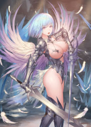 Rule 34 | 1girl, :o, armored boots, bad id, bad pixiv id, blue hair, boots, breasts, cleavage, dual wielding, feathered wings, feathers, gauntlets, holding, holding sword, holding weapon, large breasts, looking at viewer, nipples, original, revealing clothes, rinmmo, short hair, solo, standing, sword, thighs, weapon, white feathers, wings
