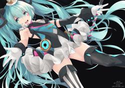 Rule 34 | 1girl, absurdres, bare shoulders, black background, black footwear, boots, breasts, commentary, facial mark, frills, from below, gloves, hair between eyes, hatsune miku, highres, holding, kana616, long hair, simple background, small breasts, smile, solo, striped clothes, striped footwear, teeth, twintails, upper teeth only, vocaloid, white gloves