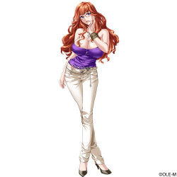 Rule 34 | 1girl, armband, breasts, chain belt, cleavage, cross, cross necklace, denim, glasses, hand on own cheek, hand on own face, high heels, ichii ria, jeans, jewelry, crossed legs, lips, long hair, looking at viewer, lowres, mainichi shabutte ii desu ka?, necklace, non-web source, open mouth, orange hair, pants, purple eyes, solo, standing