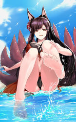 Rule 34 | 1girl, akagi (azur lane), akagi (paradise amaryllis) (azur lane), animal ears, ass, azur lane, barefoot, beach, black hair, breasts, brown eyes, cloud, cloudy sky, collarbone, commentary request, day, feet, fengya, highres, large breasts, long hair, looking at viewer, multiple tails, navel, open mouth, palm tree, partially submerged, revision, sitting, sky, smile, soles, solo, splashing, swimsuit, tail, thighs, toes, tree, water