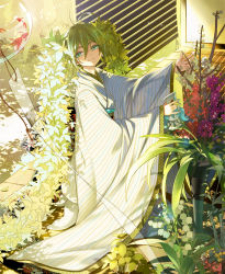 Rule 34 | 1girl, bottle, fish, flower, green eyes, green hair, hatsune miku, hoshii hisa, japanese clothes, leaf, lily of the valley, long hair, matching hair/eyes, md5 mismatch, nail polish, resolution mismatch, solo, source larger, spray bottle, vocaloid, wind chime