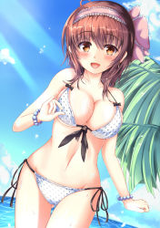 Rule 34 | 1girl, :d, bare arms, bare shoulders, beach, bikini, blush, bow, bracelet, breasts, brown hair, cleavage, cloud, collarbone, cowboy shot, day, dutch angle, front-tie bikini top, front-tie top, hair bow, hairband, happy, horizon, jewelry, lace-trimmed hairband, lace trim, large breasts, looking at viewer, navel, ocean, open mouth, orange eyes, original, outdoors, pink bow, pink hairband, shiny skin, short hair, side-tie bikini bottom, sky, smile, solo, sunlight, swimsuit, tenchou no matsumoto, water, wet