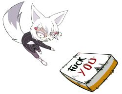 1girl angry animal_ears black_jacket boots commentary constricted_pupils english_commentary english_text fox_ears fox_girl fox_tail frown full_body grey_pants highres jacket mahjong mahjong_soul mahjong_tile pants phase_connect profanity sharp_teeth short_hair simple_background solo steeeph tail teeth tenma_maemi throwing v-shaped_eyebrows virtual_youtuber white_background white_footwear white_hair