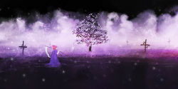 Rule 34 | 1girl, akyuun, commentary, cross, fog, grave, highres, light particles, onozuka komachi, purple theme, red hair, scenery, scythe, touhou, tree, twintails