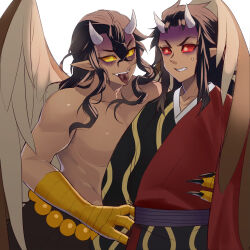 Rule 34 | 2boys, animal hands, beads, bird wings, black kimono, brown hair, brown wings, claws, clenched teeth, colored sclera, dark-skinned male, dark skin, demon boy, fangs, feathered wings, furrowed brow, grey horns, hair between eyes, harpy boy, holding another&#039;s arm, horns, japanese clothes, kimetsu no yaiba, kimono, long hair, looking at another, male focus, monster boy, multiple boys, narihira hira, no shirt, pointy ears, red eyes, red kimono, red sclera, sekido (kimetsu no yaiba), sidelocks, simple background, smile, standing, sweat, talons, teeth, text in mouth, tongue, tongue out, upper body, urogi (kimetsu no yaiba), veins, white background, wings, yellow eyes, yellow sclera