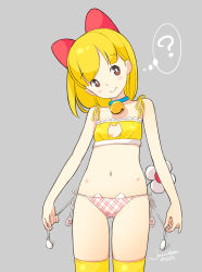 Rule 34 | 1girl, ?, alternate costume, arms at sides, artist name, bell, blonde hair, blush stickers, bow, breasts, brown eyes, cat cutout, cat day, cat ear panties, cat lingerie, choker, cleavage cutout, closed mouth, clothing cutout, cowboy shot, dated, doraemon, dorami, eyebrows, flower, gluteal fold, grey background, hair bow, head tilt, highres, holding, jingle bell, kokudou juunigou, legs apart, meme attire, motion lines, navel, neck bell, panties, paw print, personification, plaid, plaid panties, red bow, side-tie panties, signature, simple background, small breasts, smile, solo, stomach, tail, thighhighs, thought bubble, underwear, underwear only, yellow thighhighs