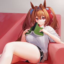 Rule 34 | 1girl, absurdres, alternate costume, animal ears, black shorts, book, bow, breasts, brown hair, casual, closed mouth, commentary, couch, cowboy shot, daiwa scarlet (umamusume), dolphin shorts, frown, furrowed brow, hair between eyes, hair bow, hair intakes, highres, holding, holding book, horse ears, horse girl, large breasts, long hair, looking at viewer, red bow, red eyes, shirt, short shorts, short sleeves, shorts, sitting, solo, t-shirt, tai (e3d1p), thighs, tiara, twintails, umamusume, white shirt