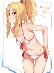 Rule 34 | 10s, 1girl, bare shoulders, bikini, blonde hair, blush, bow, breasts, brown eyes, drill hair, eromanga sensei, front-tie top, gluteal fold, hair bow, hairband, isshiki (ffmania7), leaning forward, long hair, looking at viewer, midriff, pointy ears, ponytail, red bikini, sagging breasts, side-tie bikini bottom, signature, small breasts, solo, striped bikini, striped clothes, swimsuit, thighs, twin drills, twitter username, yamada elf